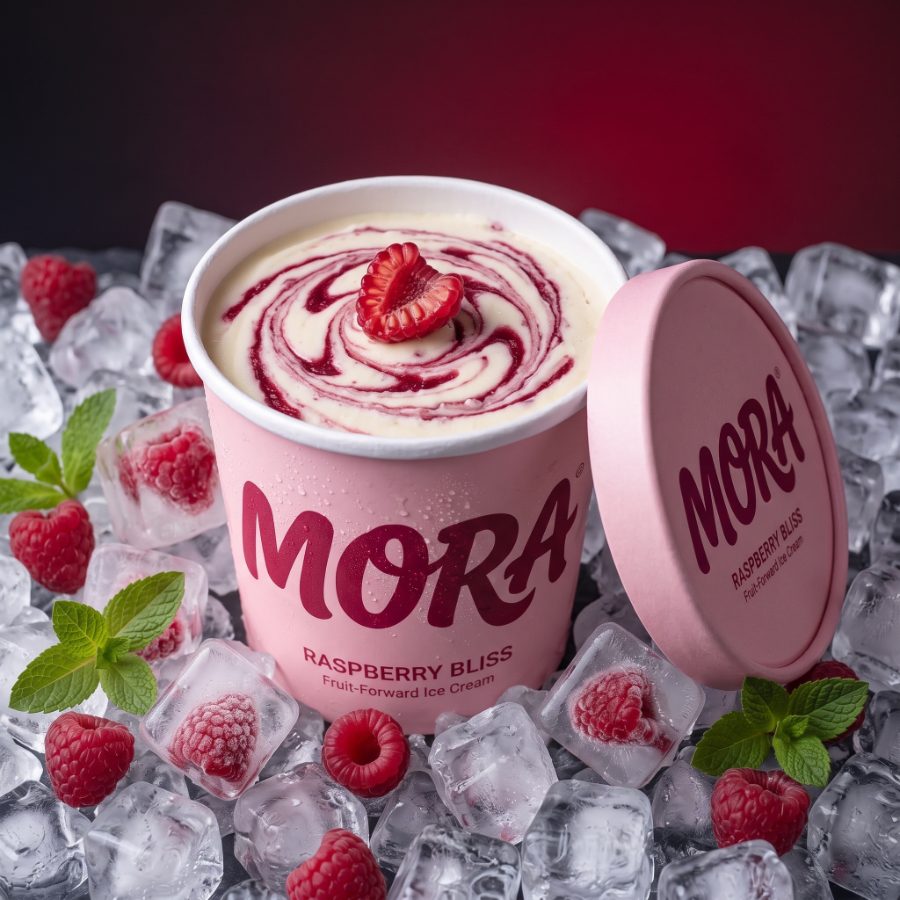 MORA Raspberry Bliss ice cream hero shot — AI product photography